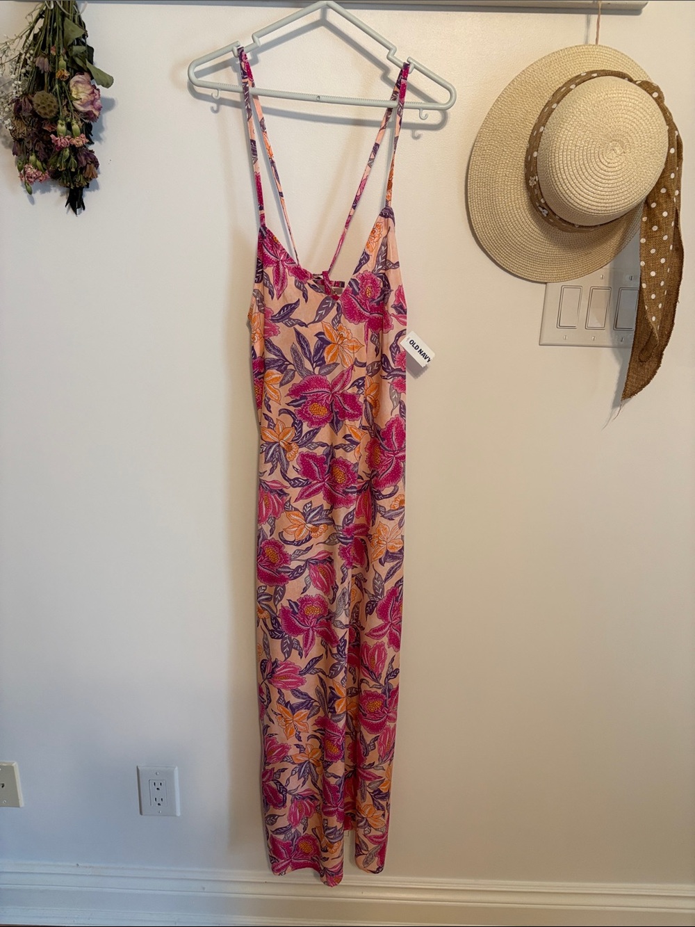 Old Navy Peach Floral Slip Dress with Pink & Purple Accents